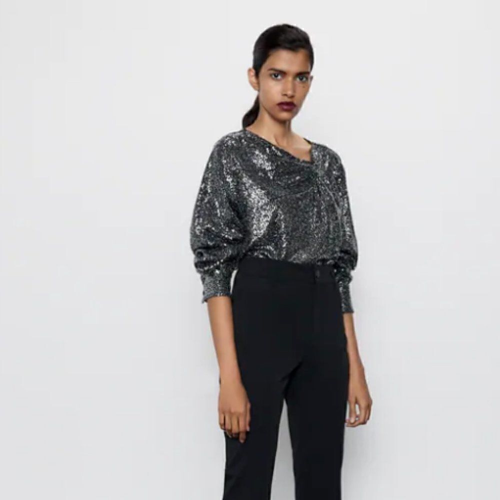Zara Womens Shirt S Silver Sequinned With Knot